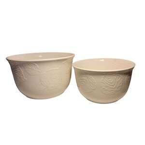 2 Large Mixing Bowls White Leaf Pattern Ceramic Nesting